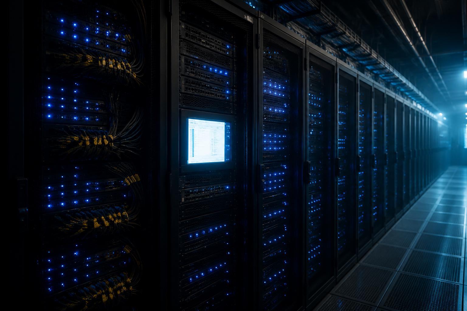 Dark server rack status wall with blue status lights and yellow cable labels